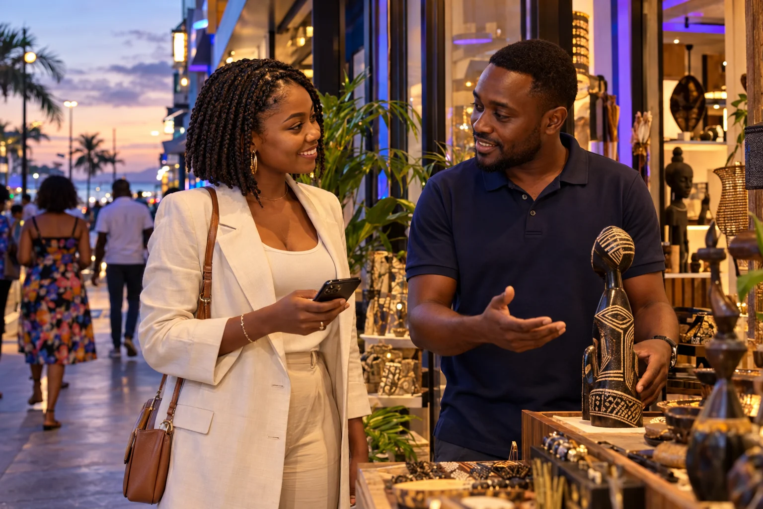 Une cliente rencontre un professionnel local dans une boutique accueillante — illustration