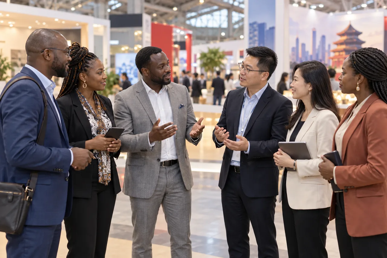 Groupe de professionnels africains et chinois lors d’une rencontre d’affaires — illustration